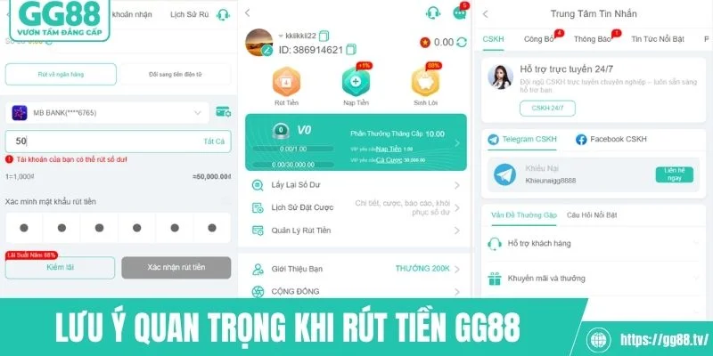 Một số lưu ý quan trọng khi thực hiện rút tiền GG88